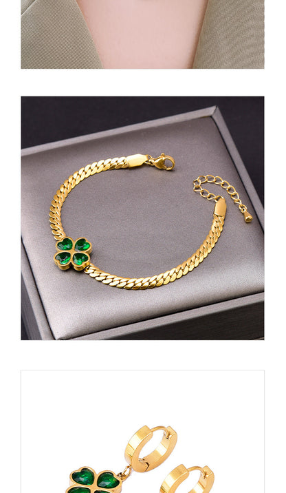 Fashion Four Leaf Clover Titanium Steel Inlay Zircon Bracelets Earrings Necklace