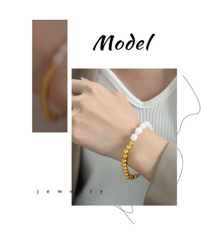 Elegant Geometric Freshwater Pearl Titanium Steel Beaded Plating Bracelets