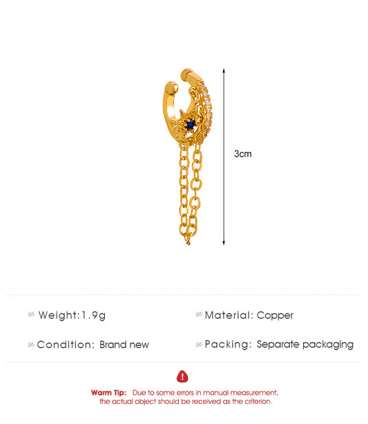 Simple Zircon Holeless Ear Bone Clip Retro Copper Inlaid Zircon Five-pointed Star Chain Ear Clip