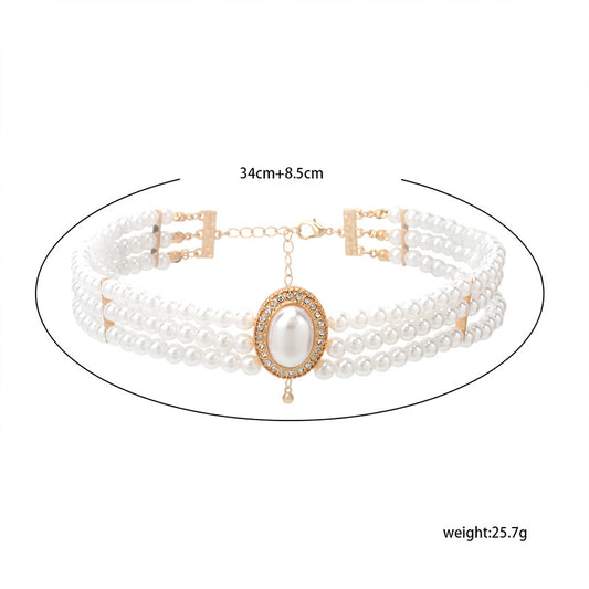 Retro Geometric Oval Pearl Multilayer Necklace