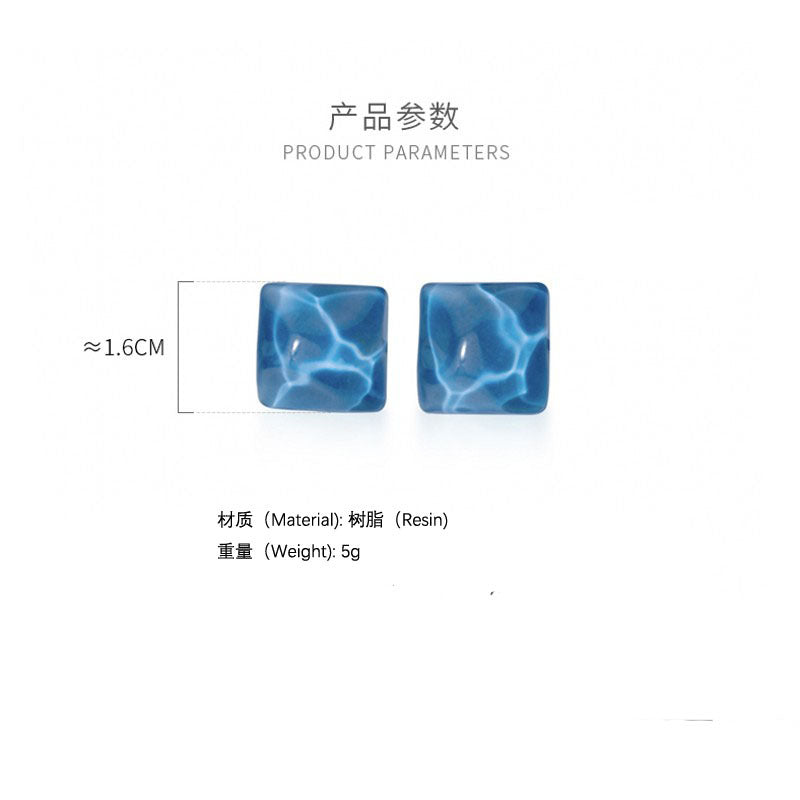 Simple Design Jelly Color Blue Wave Refreshing Water Ripple Ice Blue Square Resin Earrings