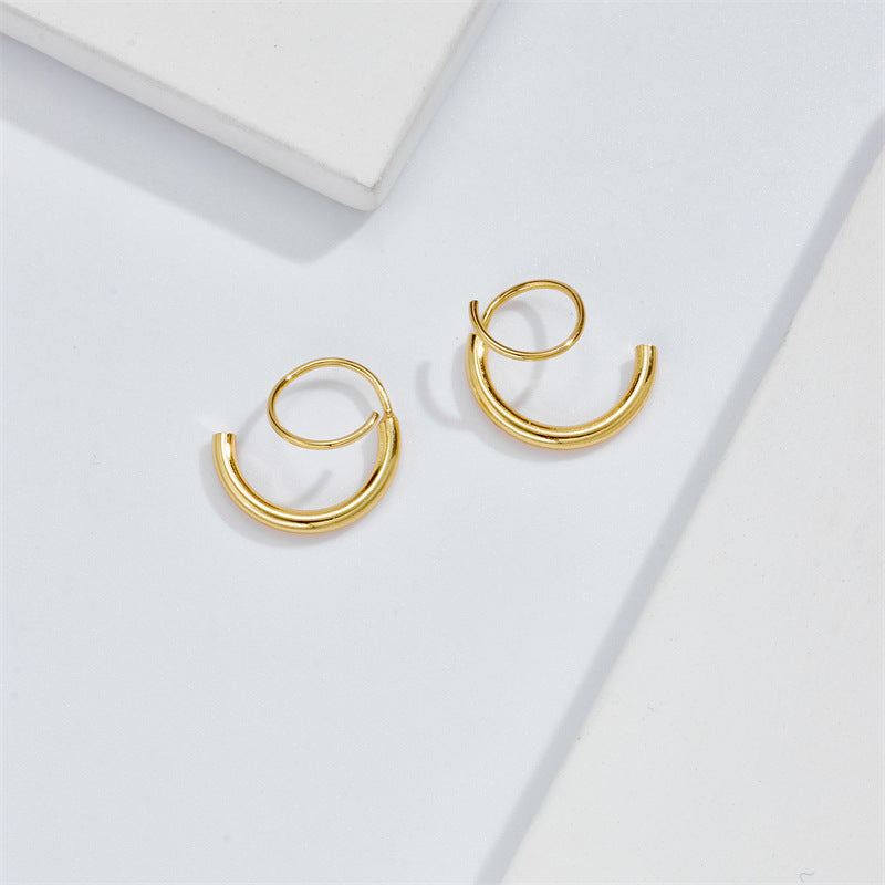 New Simple Spiral Double Circle Personality Earrings Brass Plating 14K Real Gold Fashion Wrap Earrings