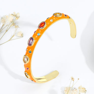 Ethnic Style Oval Copper Enamel Zircon Bangle 1 Piece