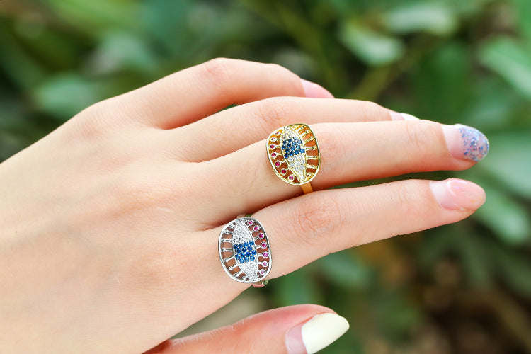 Fashion Colored Micro-inlaid Diamond Oval Eye Hollow Ring