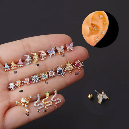 New Style Stainless Steel Thin Rod Colorful Zircon Ear Bone Nails