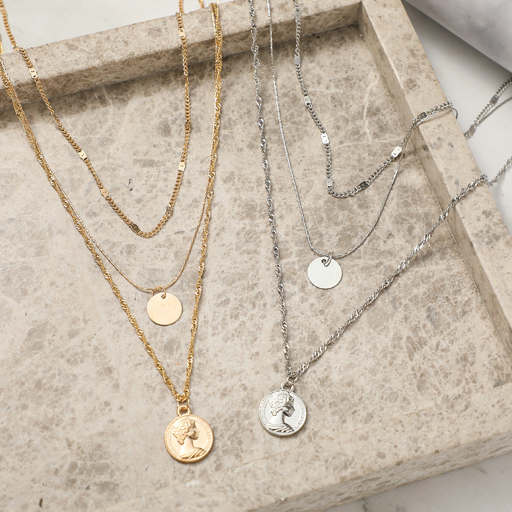 European And American New Alloy Necklace Fashion Simple Disc Pendant Multi-layered Clavicle Chain