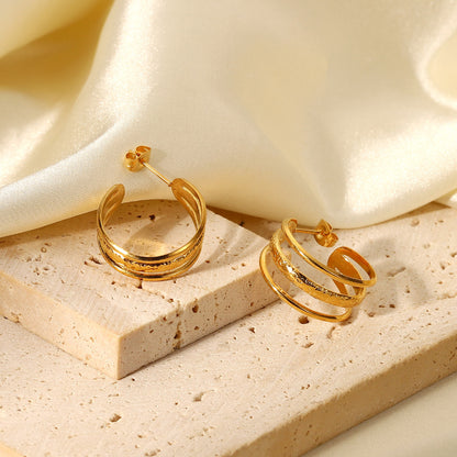 Simple Three-layer Hollow Geometric Stainless Steel Hoop C-shaped Earrings