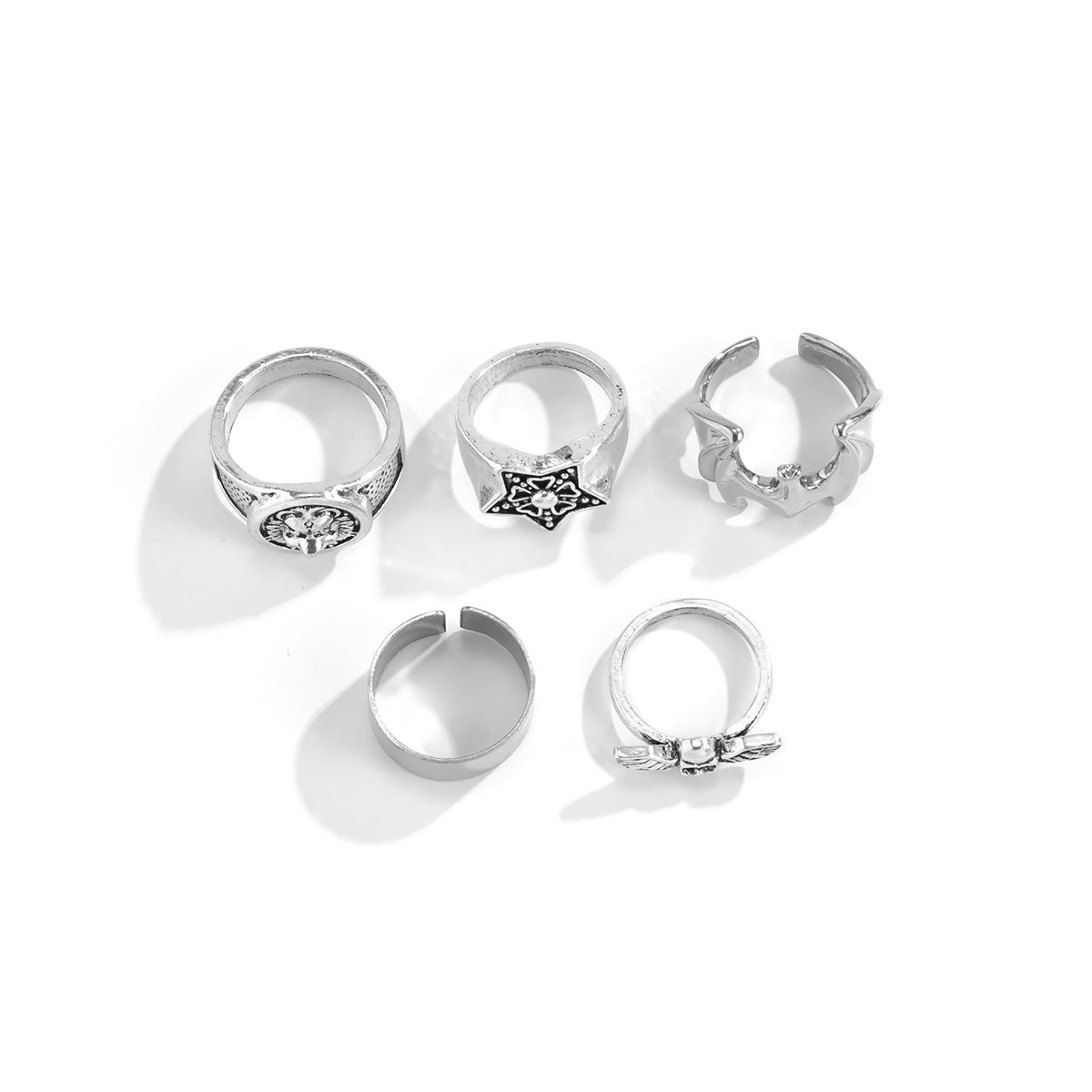 Cartoon Style Star Wings Skull Alloy Rings 5 Pieces