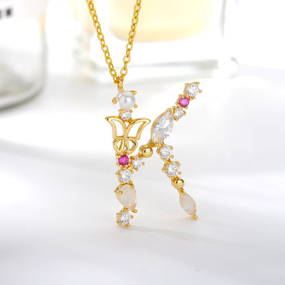 Cross-border Ins New Fashion 26 Letter Necklace Female Color Zircon Letter Butterfly Inlaid Opal Necklace