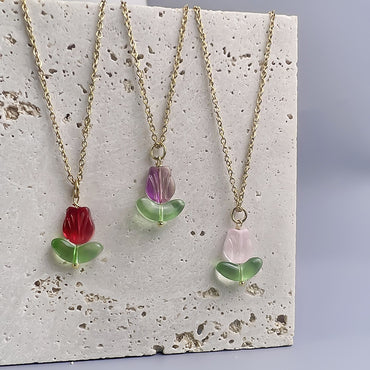 Elegant Flower Stainless Steel Glass Pendant Necklace