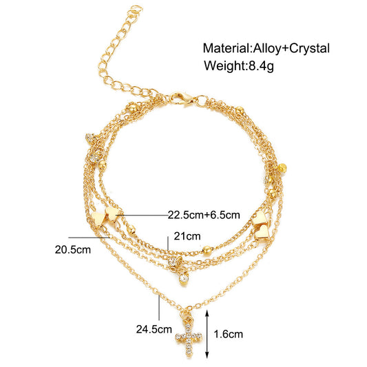 Fashion Cross Heart Shape Alloy Inlaid Crystal Artificial Crystal Women's Anklet