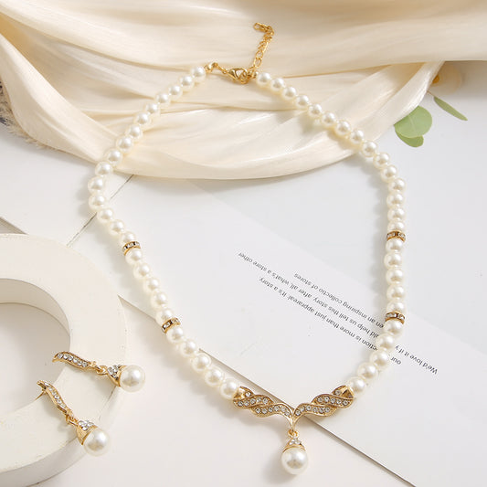 Artificial Pearl Diamond Crystal Alloy Necklace Earrings Jewelry Set Women's Bridal Jewelry