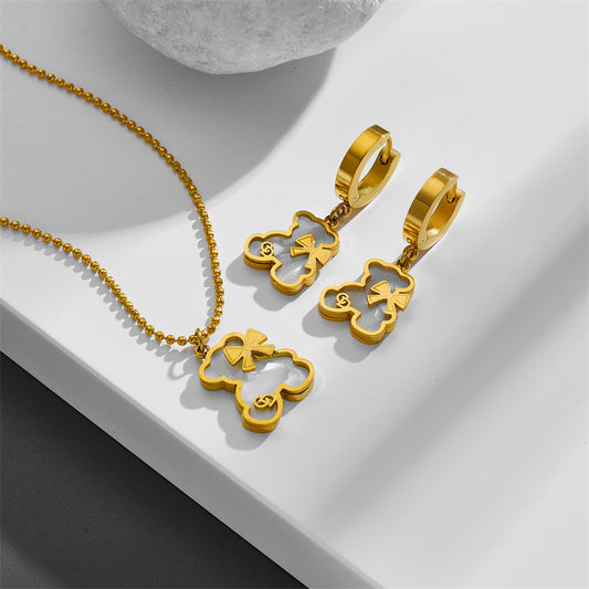Wholesale Sweet Bear Bow Knot Titanium Steel Inlay Shell Earrings Necklace
