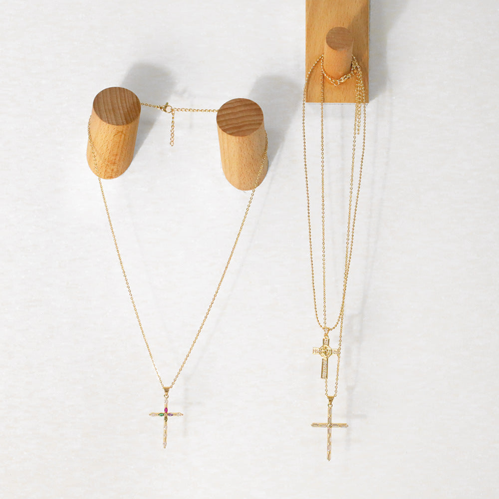 Fashion Zircon Cross Pendant Copper Necklace Simple Accessories