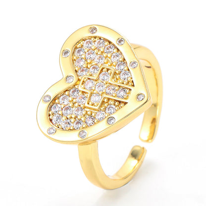 Wholesale Heart-shaped Cross Micro-inlaid Zircon Opening Adjustable Ring Gooddiy