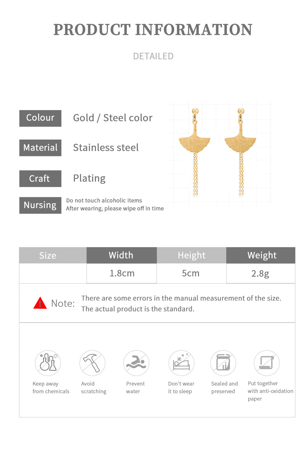 New Stainless Steel Fan-shaped Tassel Earrings Fashion Golden Leaf Long Earrings