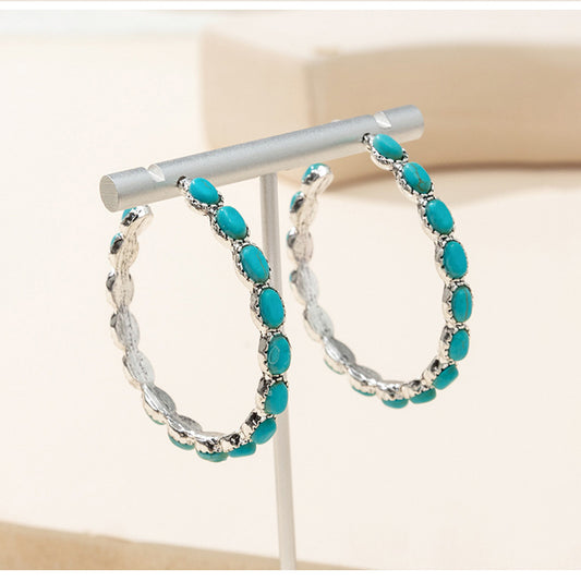 Ethnic Style C Shape Inlay Metal Turquoise Earrings