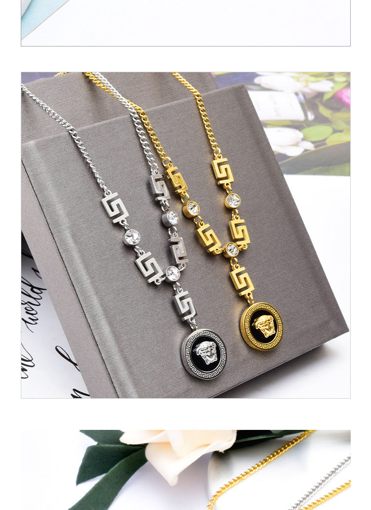 Fashion Letter Titanium Steel Inlay Zircon Pendant Necklace