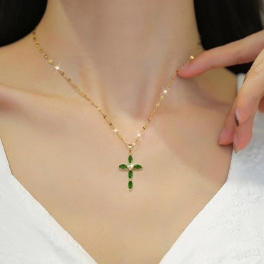 Simple Style Cross Stainless Steel Copper Inlay Zircon Pendant Necklace