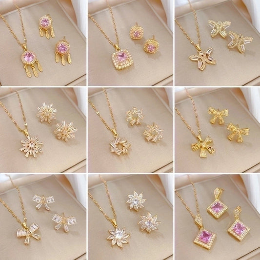 Simple Style Rhombus Bow Knot Copper Plating Inlay Zircon Jewelry Set