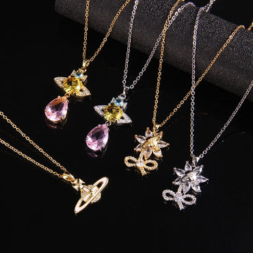 Sweet Planet Flower Bow Knot Copper Zircon Pendant Necklace In Bulk