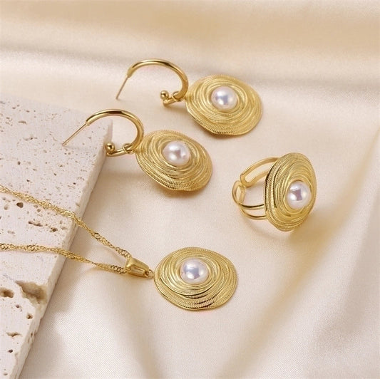 Wholesale Elegant Lady Geometric Stainless Steel Plating Inlay 18k Gold Plated Pearl Rings Earrings Necklace