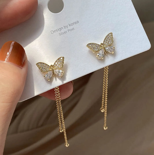 A Two-wear Butterfly Tassel Long Earrings Summer Alloy Earrings