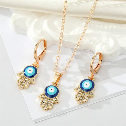 Alloy Diamond Drop Oil Devil's Eye Fatima's Hand Earring Necklace Set