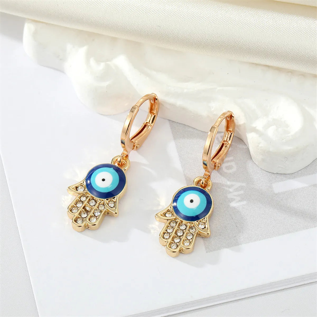 Alloy Diamond Drop Oil Devil's Eye Fatima's Hand Earring Necklace Set