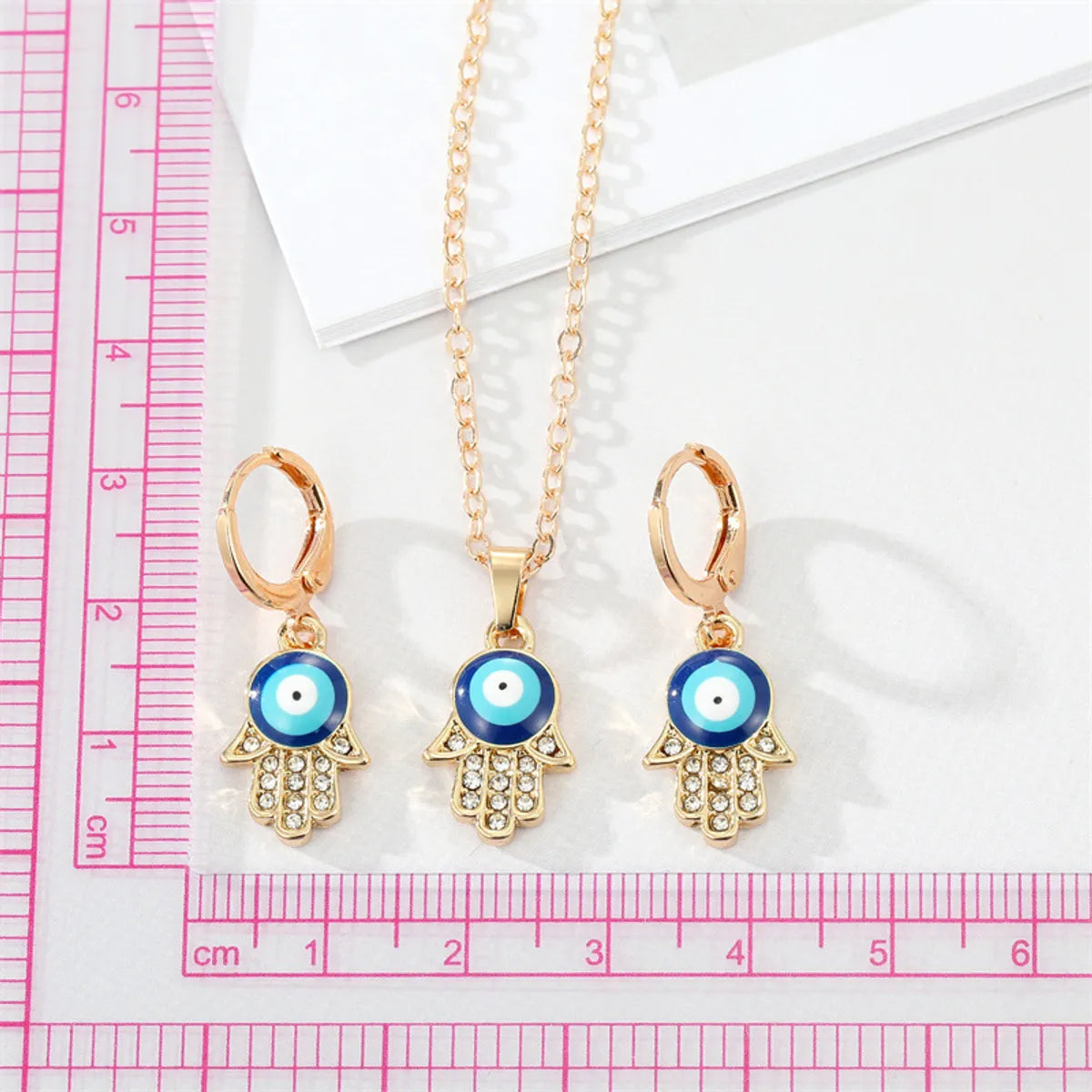 Alloy Diamond Drop Oil Devil's Eye Fatima's Hand Earring Necklace Set