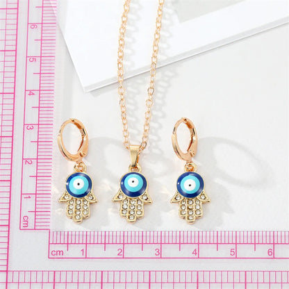 Alloy Diamond Drop Oil Devil's Eye Fatima's Hand Earring Necklace Set