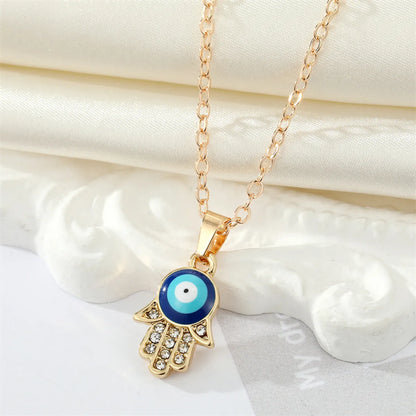 Alloy Diamond Drop Oil Devil's Eye Fatima's Hand Earring Necklace Set