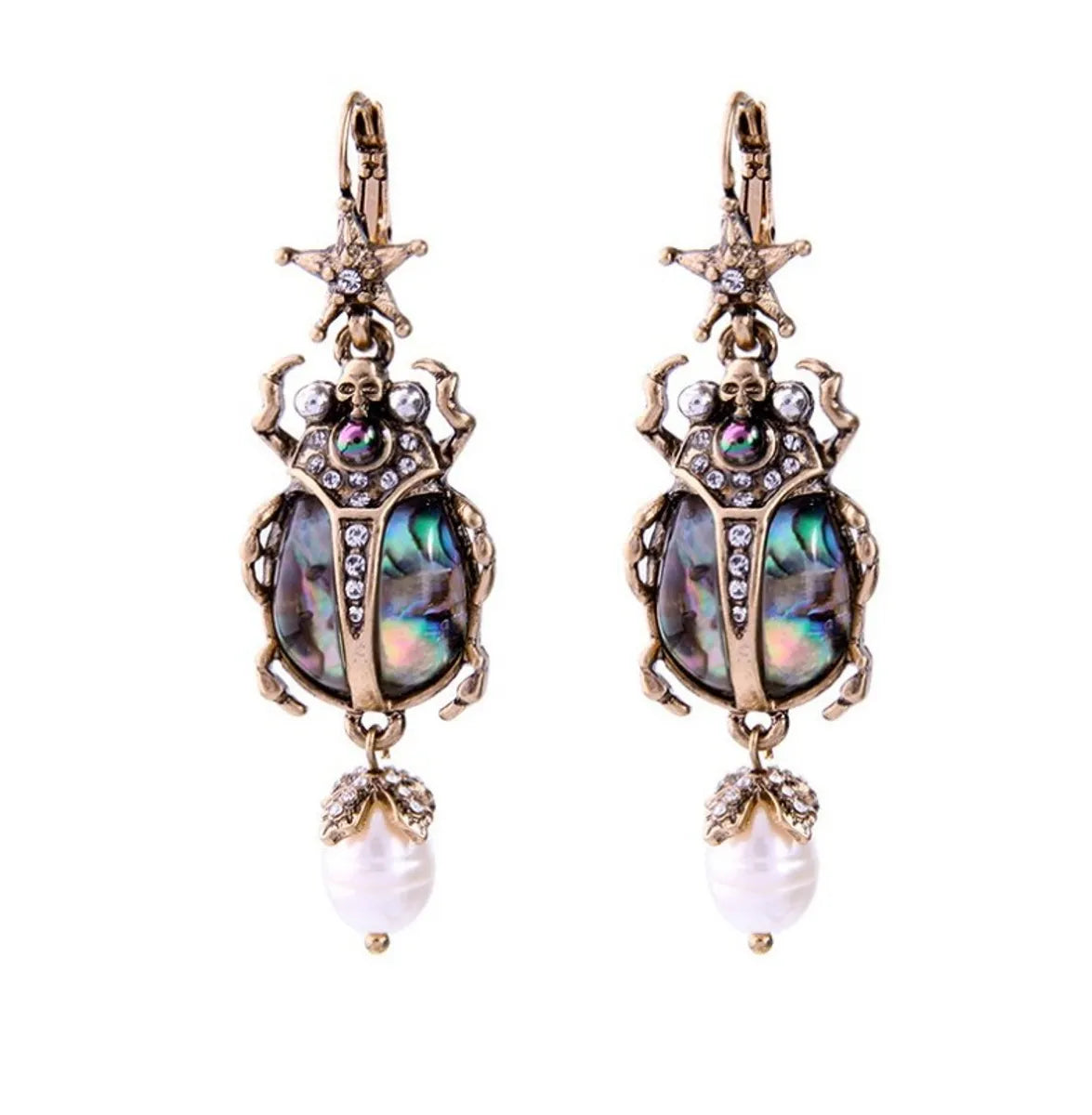 Alloy Diamond Retro Ladybird Colorful Pearl Gemstone Insect Alloy Earrings