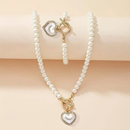 Alloy Elegant Lady Bohemian Inlay Heart Shape Artificial Pearls Zircon Bracelets Necklace