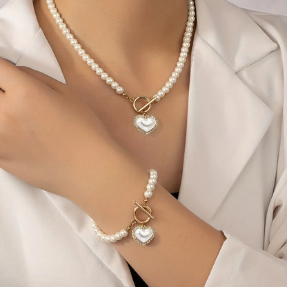 Alloy Elegant Lady Bohemian Inlay Heart Shape Artificial Pearls Zircon Bracelets Necklace