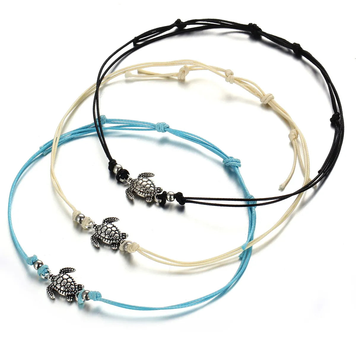 Cross-Border New Arrival Vintage Wax Rope Turtle Anklet Bracelet Antique Silver Three-Color  Anklet Wholesale