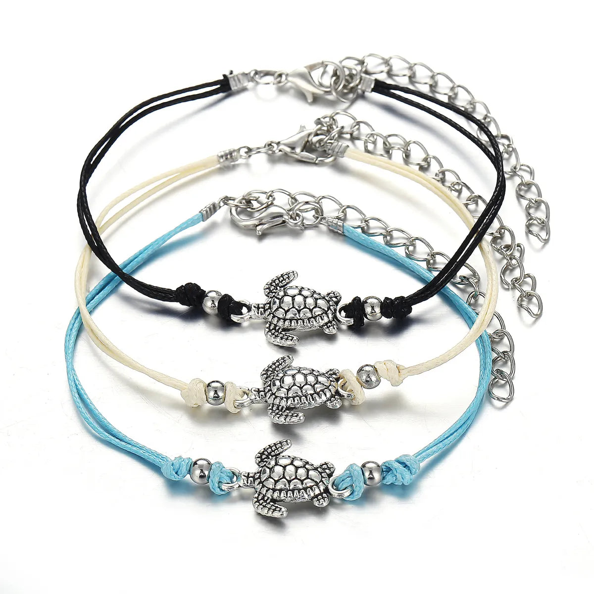 Cross-Border New Arrival Vintage Wax Rope Turtle Anklet Bracelet Antique Silver Three-Color  Anklet Wholesale