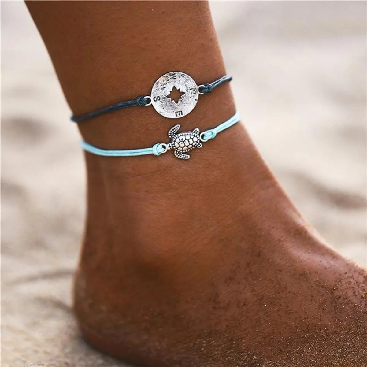 Cross-Border New Arrival Vintage Wax Rope Turtle Anklet Bracelet Antique Silver Three-Color  Anklet Wholesale