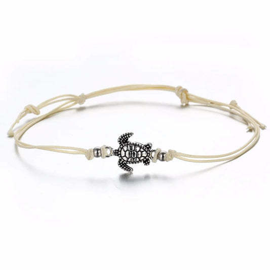 Cross-Border New Arrival Vintage Wax Rope Turtle Anklet Bracelet Antique Silver Three-Color  Anklet Wholesale