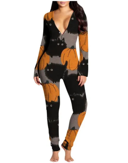 New Popular  Halloween Printed Long-Sleeved Trousers One-Piece Adult Home Wear For Women