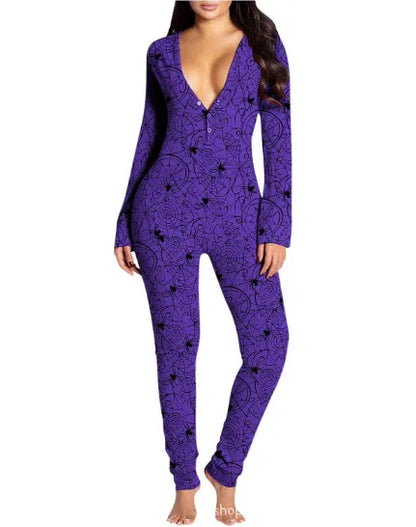 New Popular  Halloween Printed Long-Sleeved Trousers One-Piece Adult Home Wear For Women