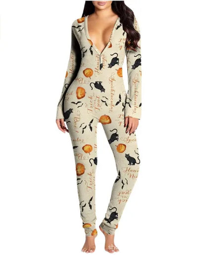 New Popular  Halloween Printed Long-Sleeved Trousers One-Piece Adult Home Wear For Women