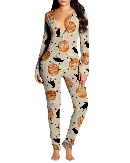 New Popular  Halloween Printed Long-Sleeved Trousers One-Piece Adult Home Wear For Women