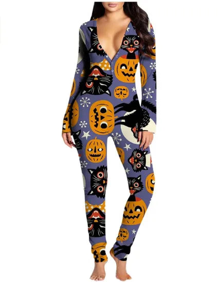 New Popular  Halloween Printed Long-Sleeved Trousers One-Piece Adult Home Wear For Women