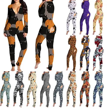 New Popular  Halloween Printed Long-Sleeved Trousers One-Piece Adult Home Wear For Women