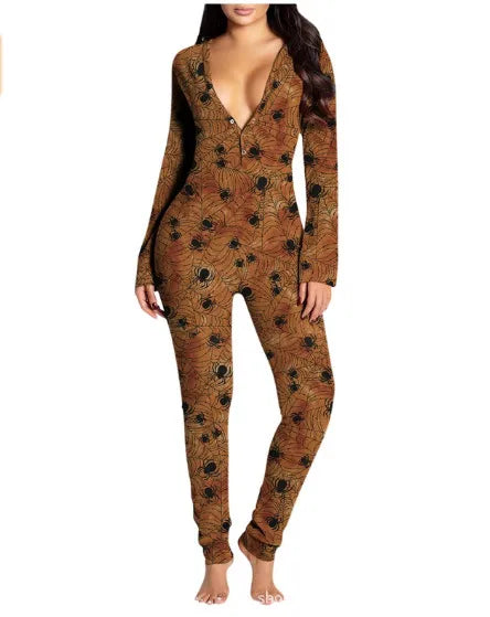 New Popular  Halloween Printed Long-Sleeved Trousers One-Piece Adult Home Wear For Women