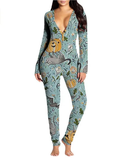 New Popular  Halloween Printed Long-Sleeved Trousers One-Piece Adult Home Wear For Women