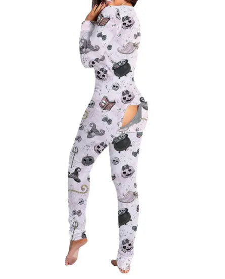 New Popular  Halloween Printed Long-Sleeved Trousers One-Piece Adult Home Wear For Women