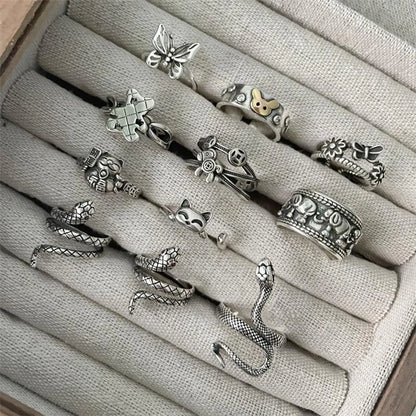 Animal Retro 925 Sterling Silver Ring Female Snake Cat Elephant Special-Interest Design Niello Jewelry Open-End Personality Ring No