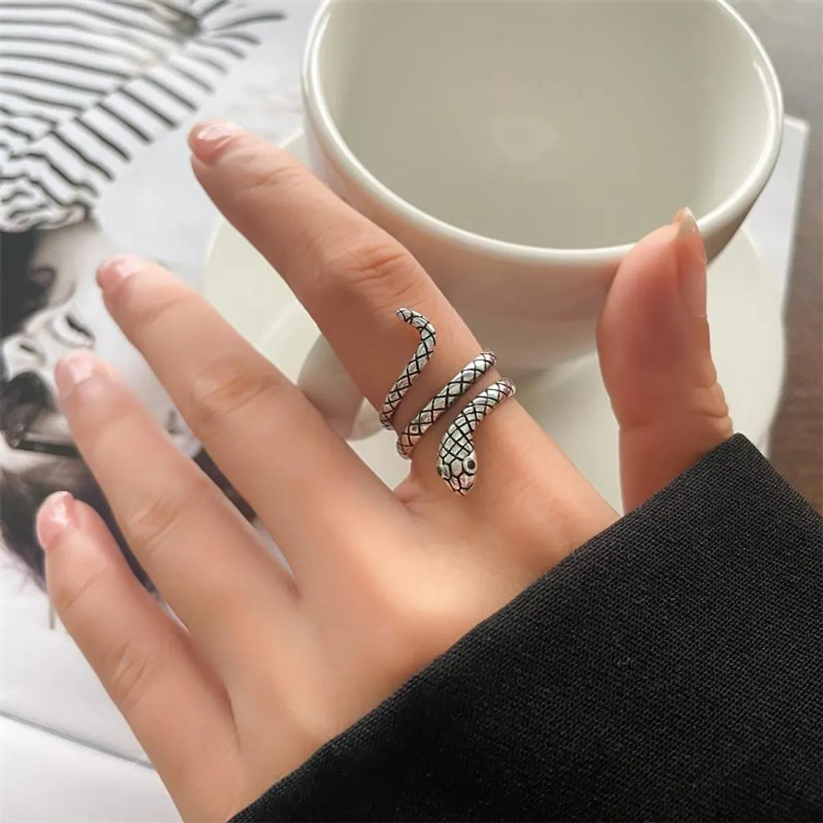 Animal Retro 925 Sterling Silver Ring Female Snake Cat Elephant Special-Interest Design Niello Jewelry Open-End Personality Ring No